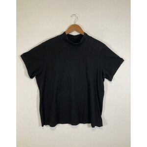 Denim & Co Essentials Mock Neck Top Womens 1X Black Short Sleeve Stretch Tee